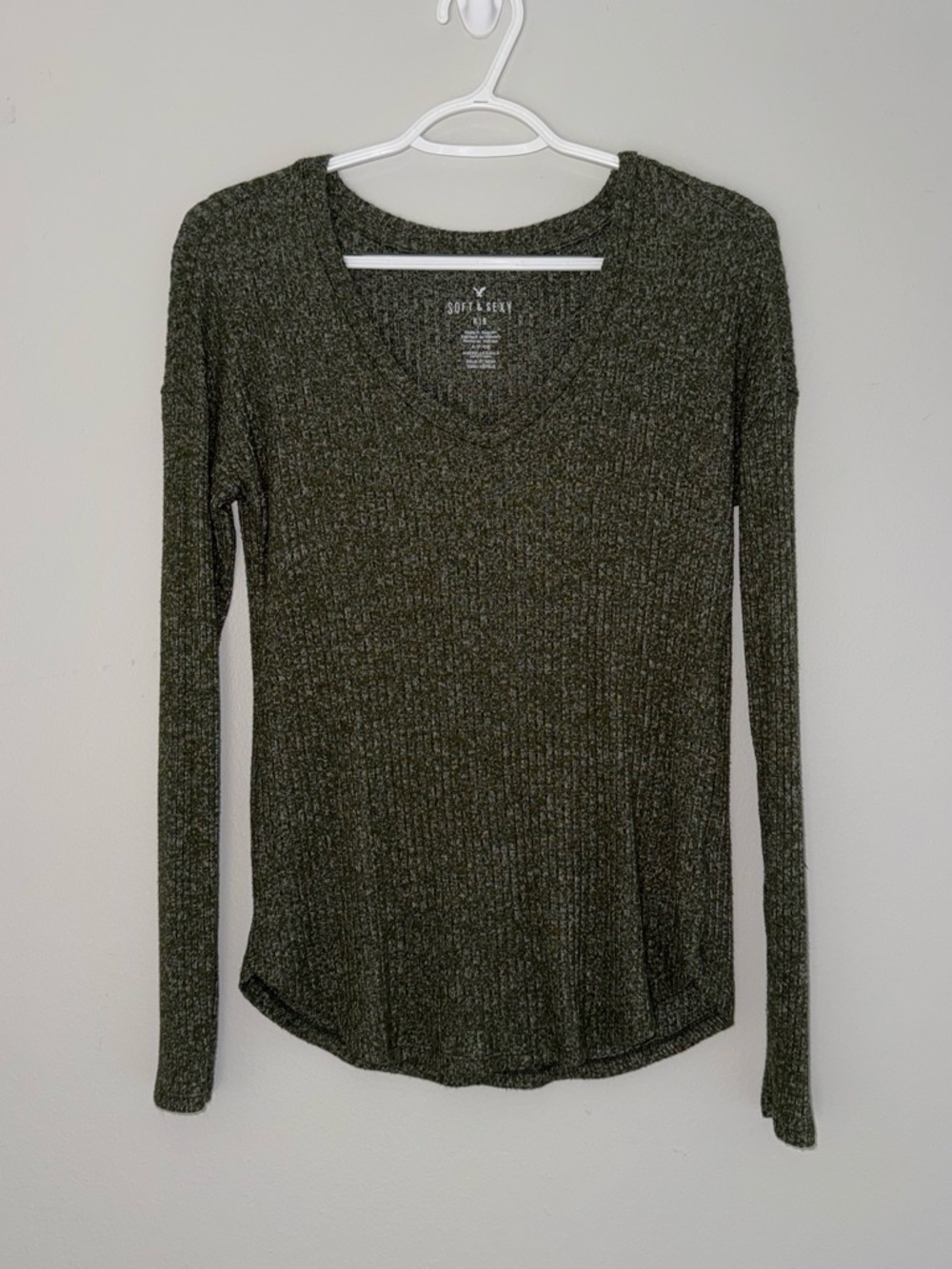 American Eagle Outfitters Olive Ribbed V-Neck Long Sleeve Top